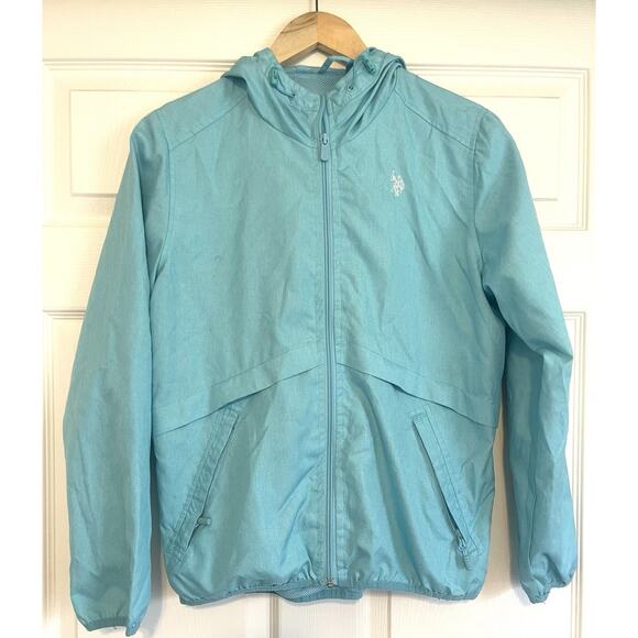 U.S Polo Assn, Full Zip Up HOODED WINDBREAKER Jacket--Size Large | Teal/ Blue - Picture 1 of 10